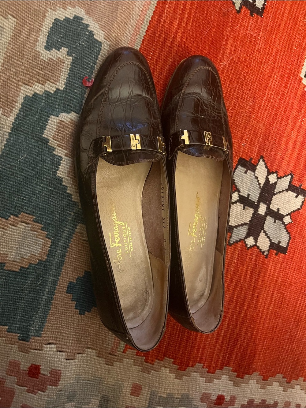 Salvatore Ferragamo Dark Brown Croc-Embossed Leather Bit Loafers